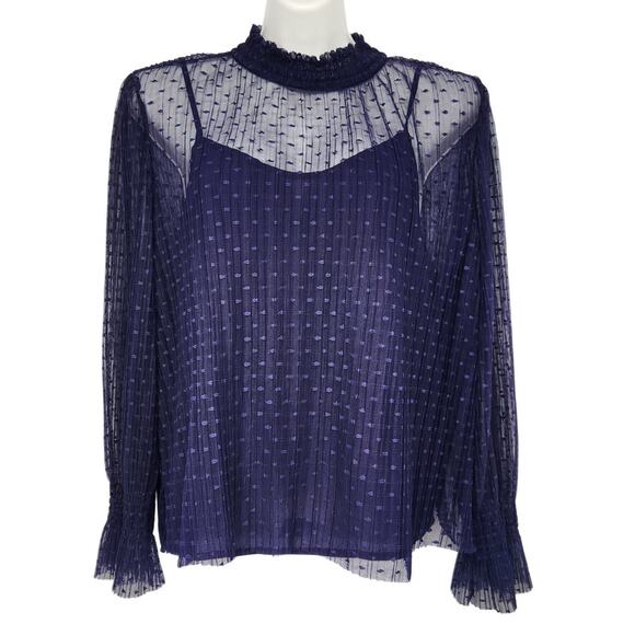 NWT Express Purple Sheer Dot Mock Neck Smocked Cuff 2Pc Blouse Set Women's XL - Picture 2 of 11